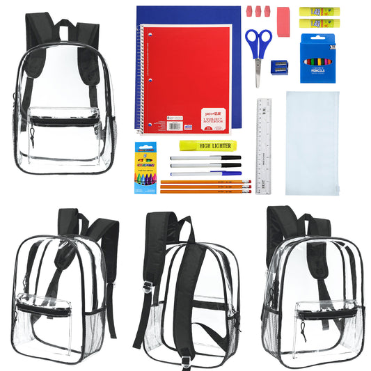 12 Wholesale 17"Clear Backpacks in Black & 12 Bulk School Supply Kits | Choose Your Kit