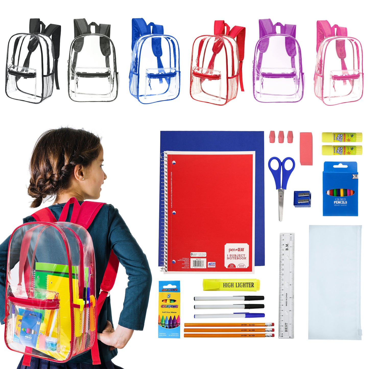 12 Wholesale 17"Clear Backpacks in Assorted Colors & 12 Bulk School Supply Kits | Choose Your Kit