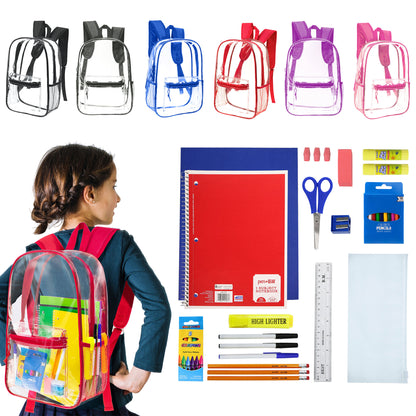 12 Wholesale 17"Clear Backpacks in Assorted Colors & 12 Bulk School Supply Kits | Choose Your Kit