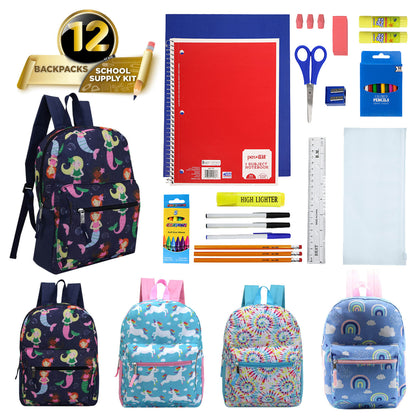 15" Girls Patterned Elementary School Wholesale Backpacks & 12 Bulk School Supply Kits | Choose Your Kit