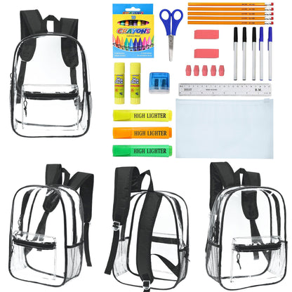12 Wholesale 17"Clear Backpacks in Black & 12 Bulk School Supply Kits | Choose Your Kit