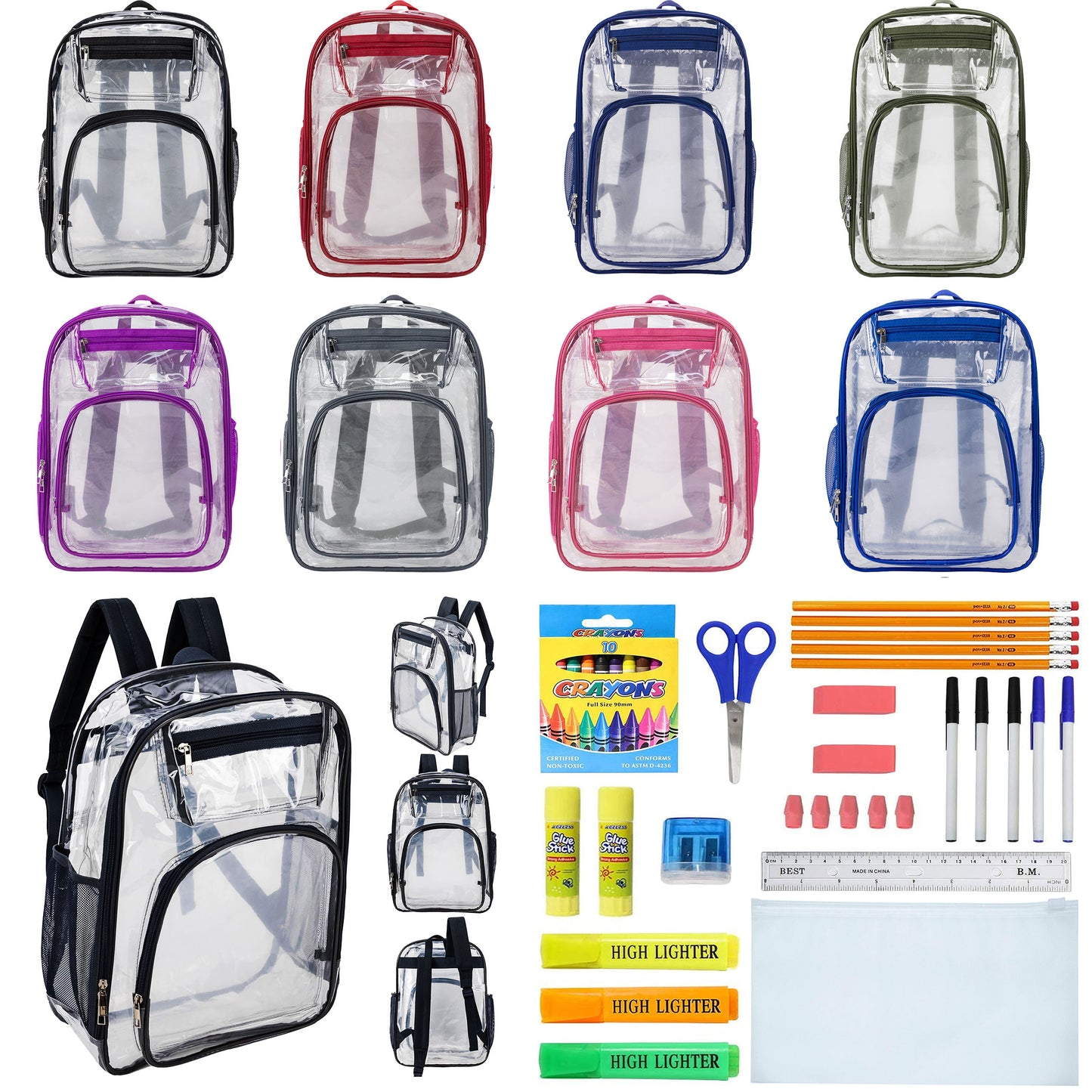12  Deluxe 17"Clear Wholesale Backpacks in Assorted Colors & 12 Bulk School Supply Kits | Choose Your Kit
