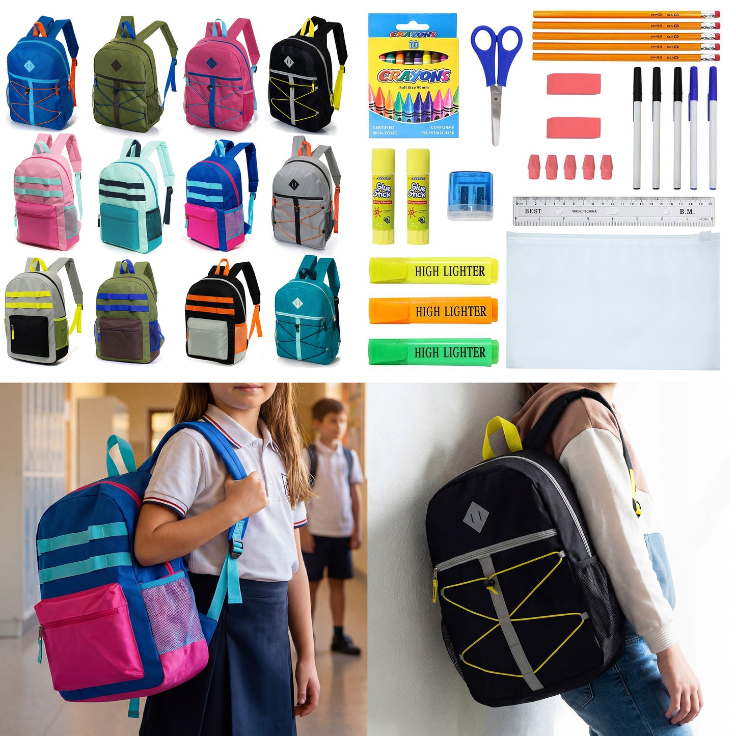 12 Daisy Chain & Bungee 17" Wholesale Backpacks & 12 Bulk School Supply Kits | Choose Your Kit