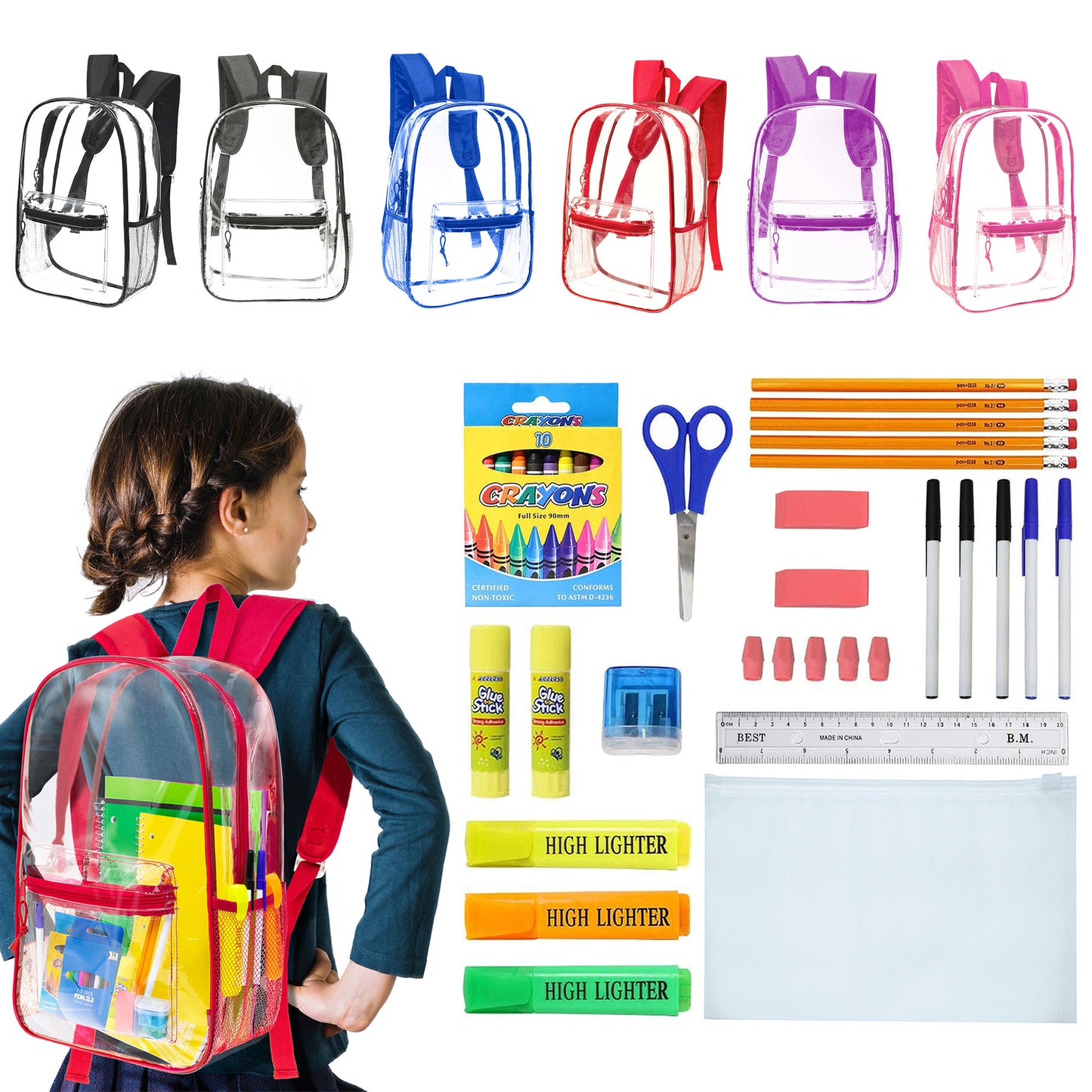 12 Wholesale 17"Clear Backpacks in Assorted Colors & 12 Bulk School Supply Kits | Choose Your Kit