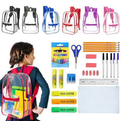 12 Wholesale 17"Clear Backpacks in Assorted Colors & 12 Bulk School Supply Kits | Choose Your Kit