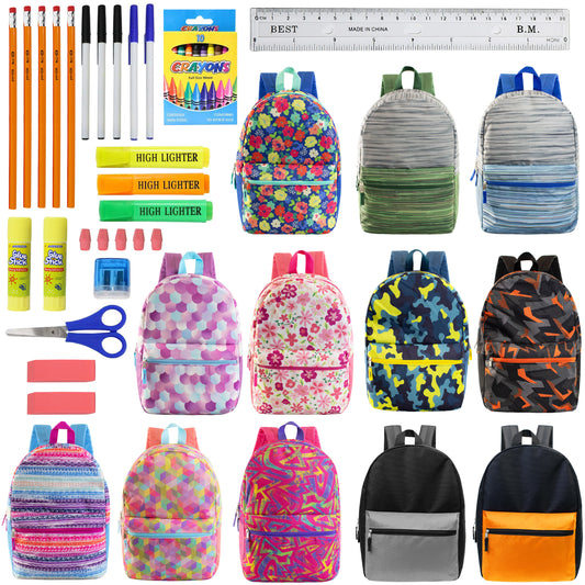 Patterned 17" Wholesale Backpacks in Assorted Prints & 12 Bulk School Supply Kits | Choose Your Kit