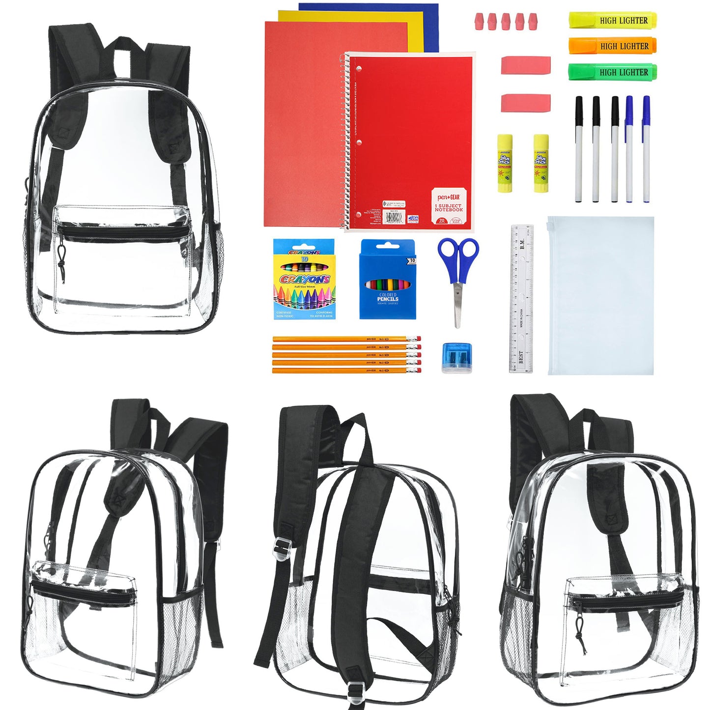 12 Wholesale 17"Clear Backpacks in Black & 12 Bulk School Supply Kits | Choose Your Kit