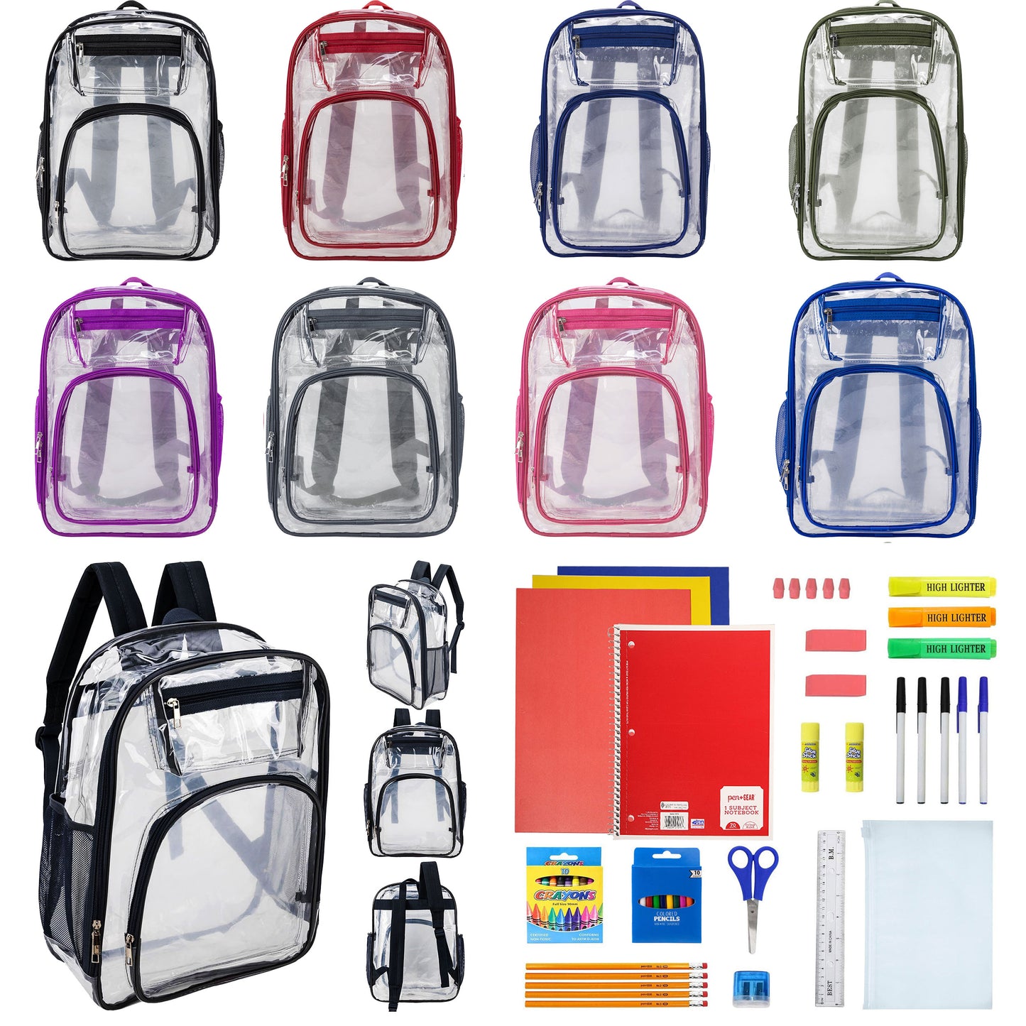 12  Deluxe 17"Clear Wholesale Backpacks in Assorted Colors & 12 Bulk School Supply Kits | Choose Your Kit