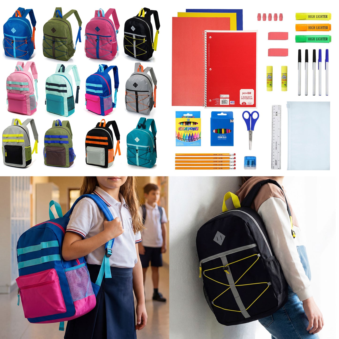 12 Daisy Chain & Bungee 17" Wholesale Backpacks & 12 Bulk School Supply Kits | Choose Your Kit