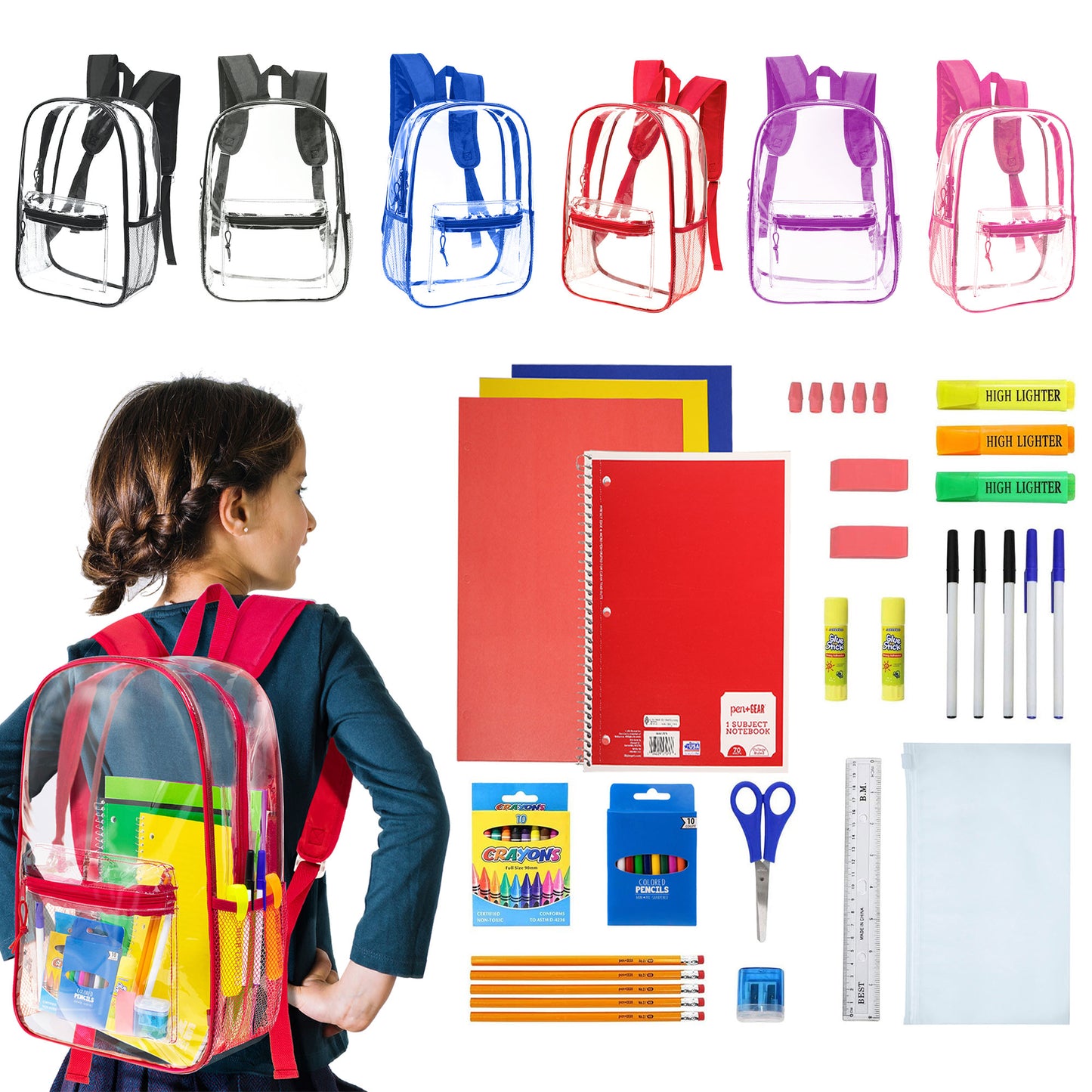 12 Wholesale 17"Clear Backpacks in Assorted Colors & 12 Bulk School Supply Kits | Choose Your Kit