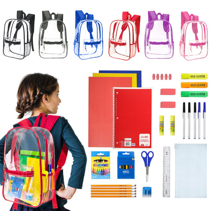 12 Wholesale 17"Clear Backpacks in Assorted Colors & 12 Bulk School Supply Kits | Choose Your Kit