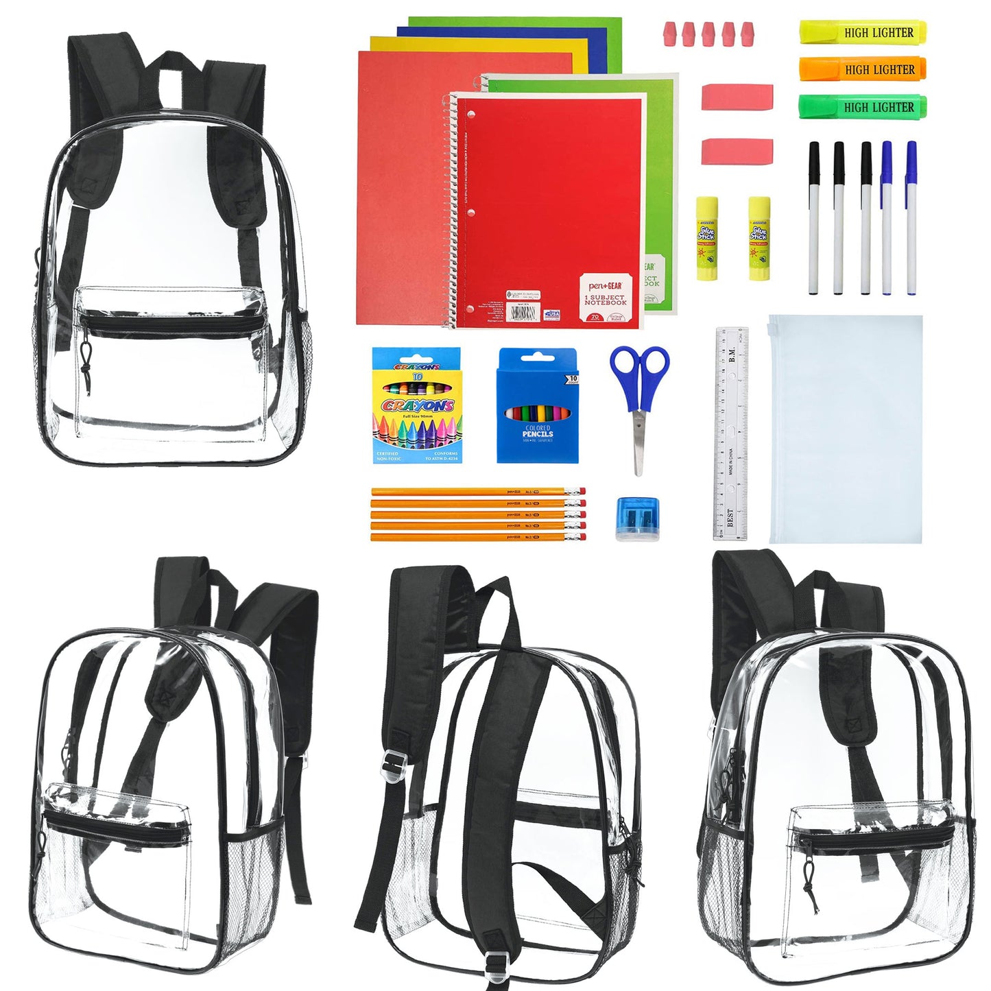 12 Wholesale 17"Clear Backpacks in Black & 12 Bulk School Supply Kits | Choose Your Kit