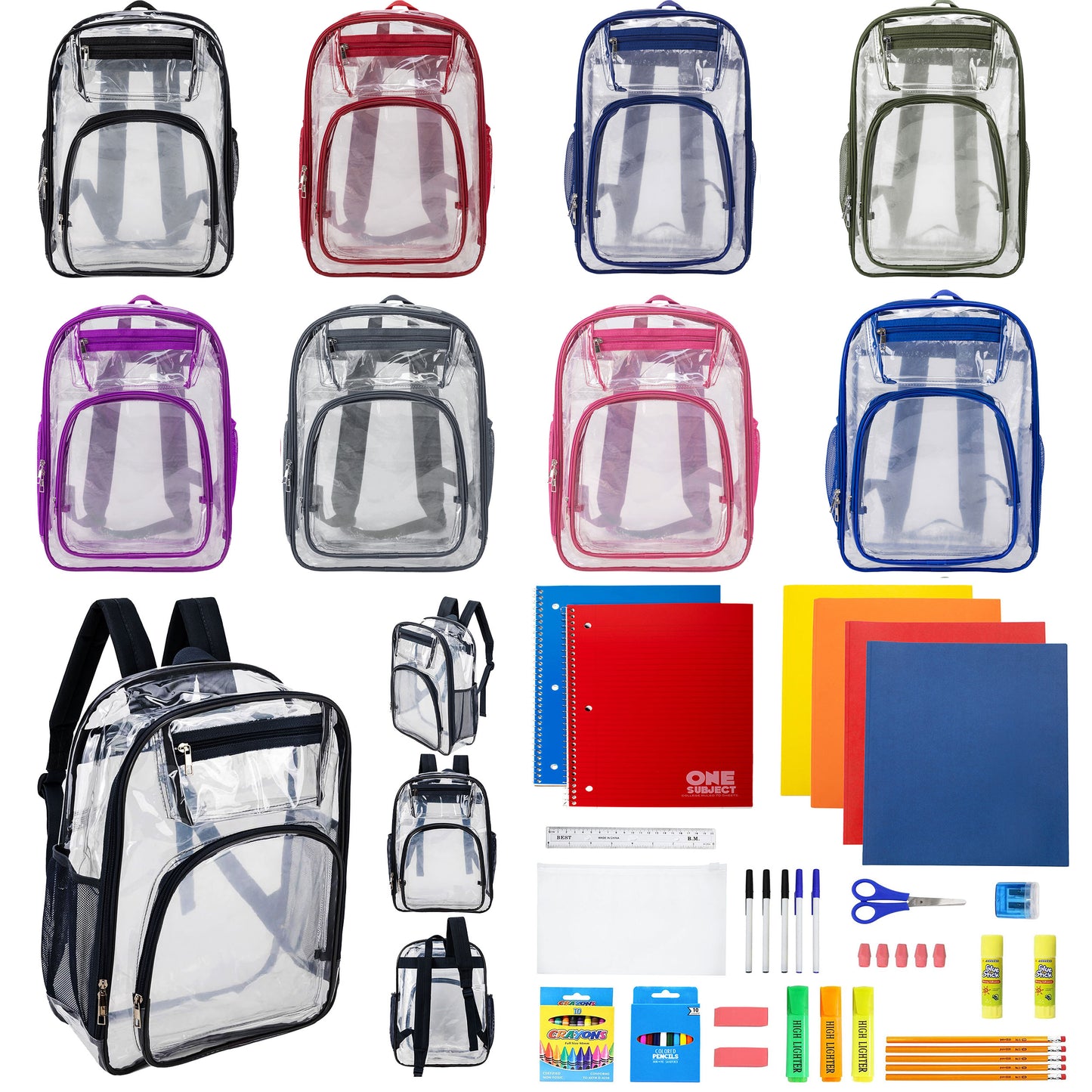 12  Deluxe 17"Clear Wholesale Backpacks in Assorted Colors & 12 Bulk School Supply Kits | Choose Your Kit