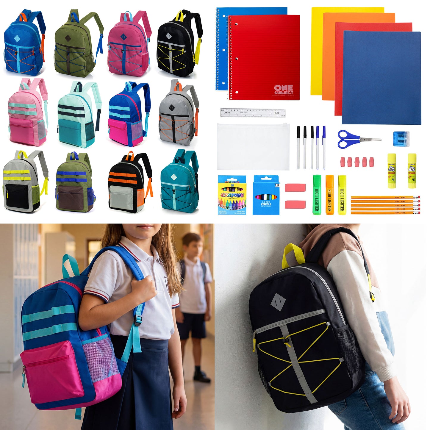 12 Daisy Chain & Bungee 17" Wholesale Backpacks & 12 Bulk School Supply Kits | Choose Your Kit