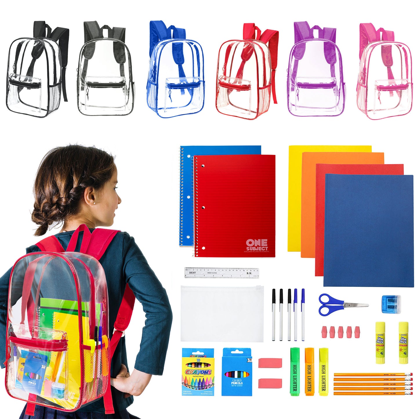12 Wholesale 17"Clear Backpacks in Assorted Colors & 12 Bulk School Supply Kits | Choose Your Kit