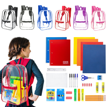 12 Wholesale 17"Clear Backpacks in Assorted Colors & 12 Bulk School Supply Kits | Choose Your Kit