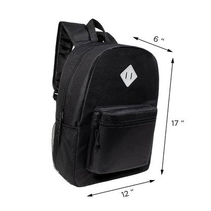 12  Black 17" Padded Back Wholesale Backpacks & 12 Bulk School Supply Kits | Choose Your Kit