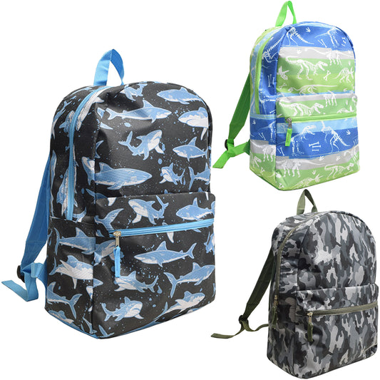 17" Printed Wholesale Backpacks in 3 Designs - Bulk Case of 24 ($6.20 / UNIT - ITEM: DWBP-318-24)