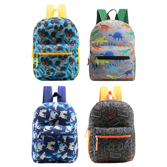 15" Patterned Wholesale Backpacks in Boys Prints - Bulk Case of 24 ($6.40 / UNIT - ITEM: DWBP-152-24)