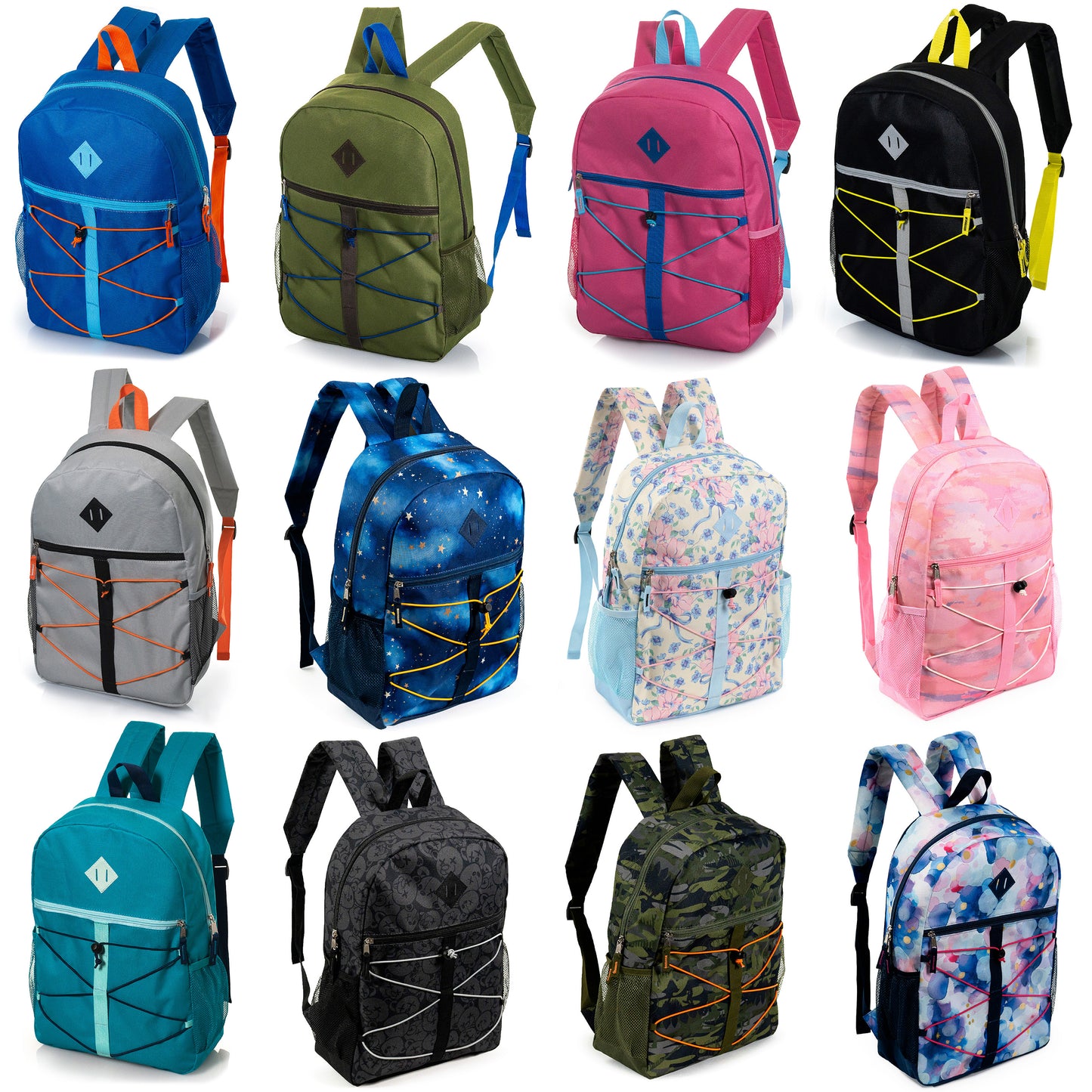 17" Bungee Cord Design Wholesale Backpacks in 12 Colors / Patterns - Bulk Case of 24 ($6.50 / UNIT - ITEM: DWBP-359-24)