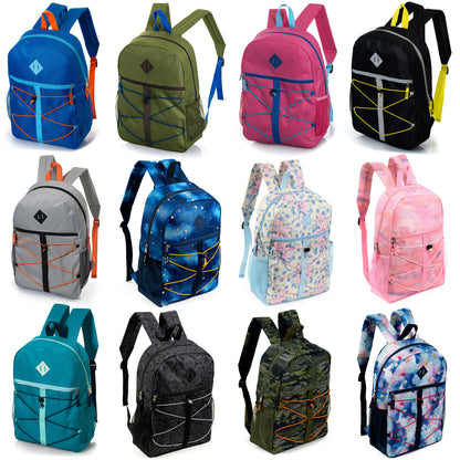 17" Bungee Cord Design Wholesale Backpacks in 12 Colors / Patterns - Bulk Case of 24 ($6.50 / UNIT - ITEM: DWBP-359-24)