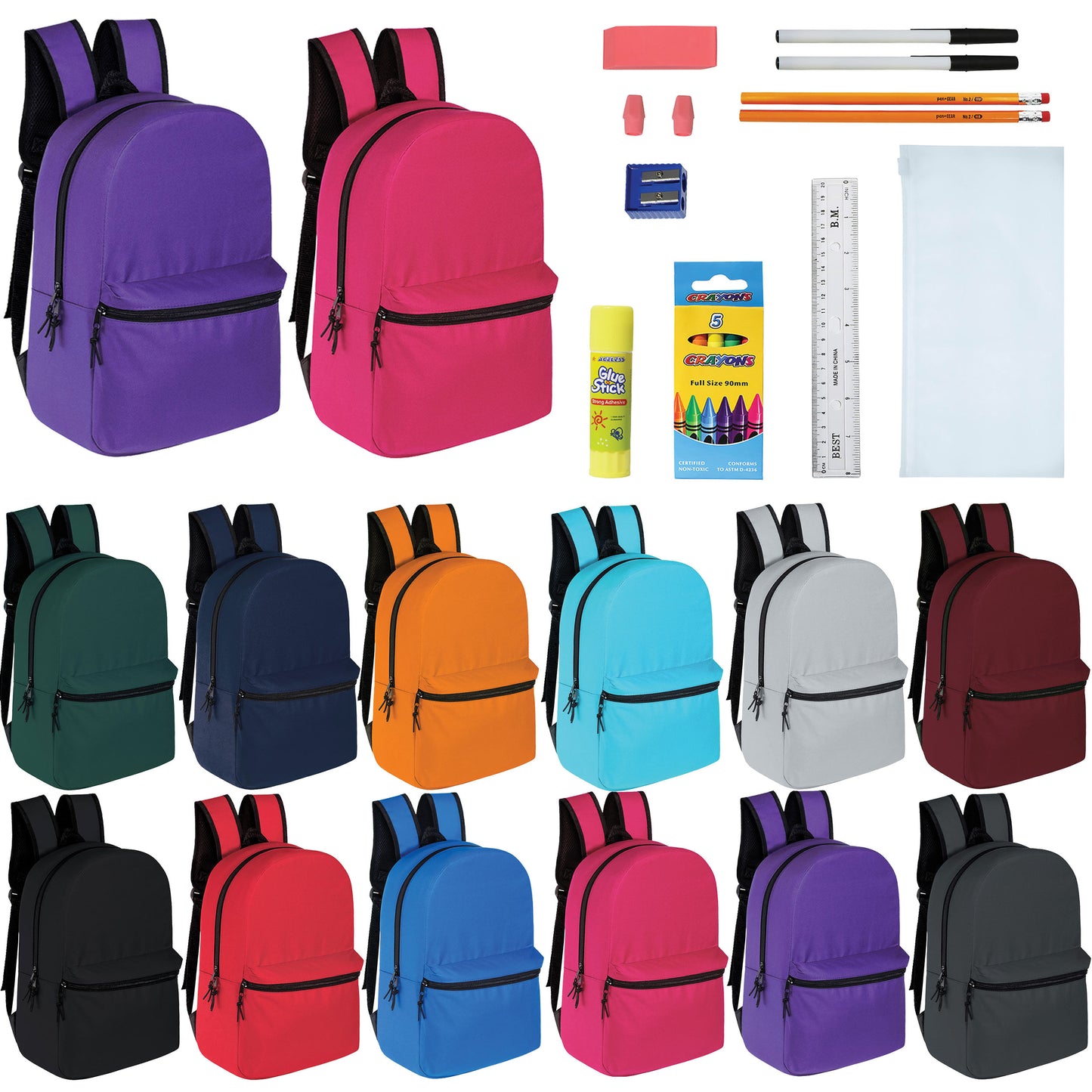 15" Wholesale Solid Color Backpacks in 12 Colors for Kids & 12 Bulk School Supply Kits | Choose Your Kit