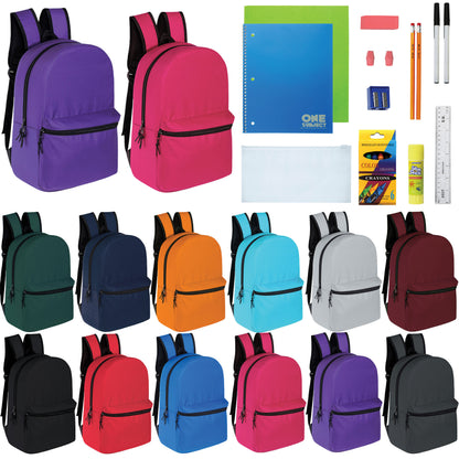15" Wholesale Solid Color Backpacks in 12 Colors for Kids & 12 Bulk School Supply Kits | Choose Your Kit