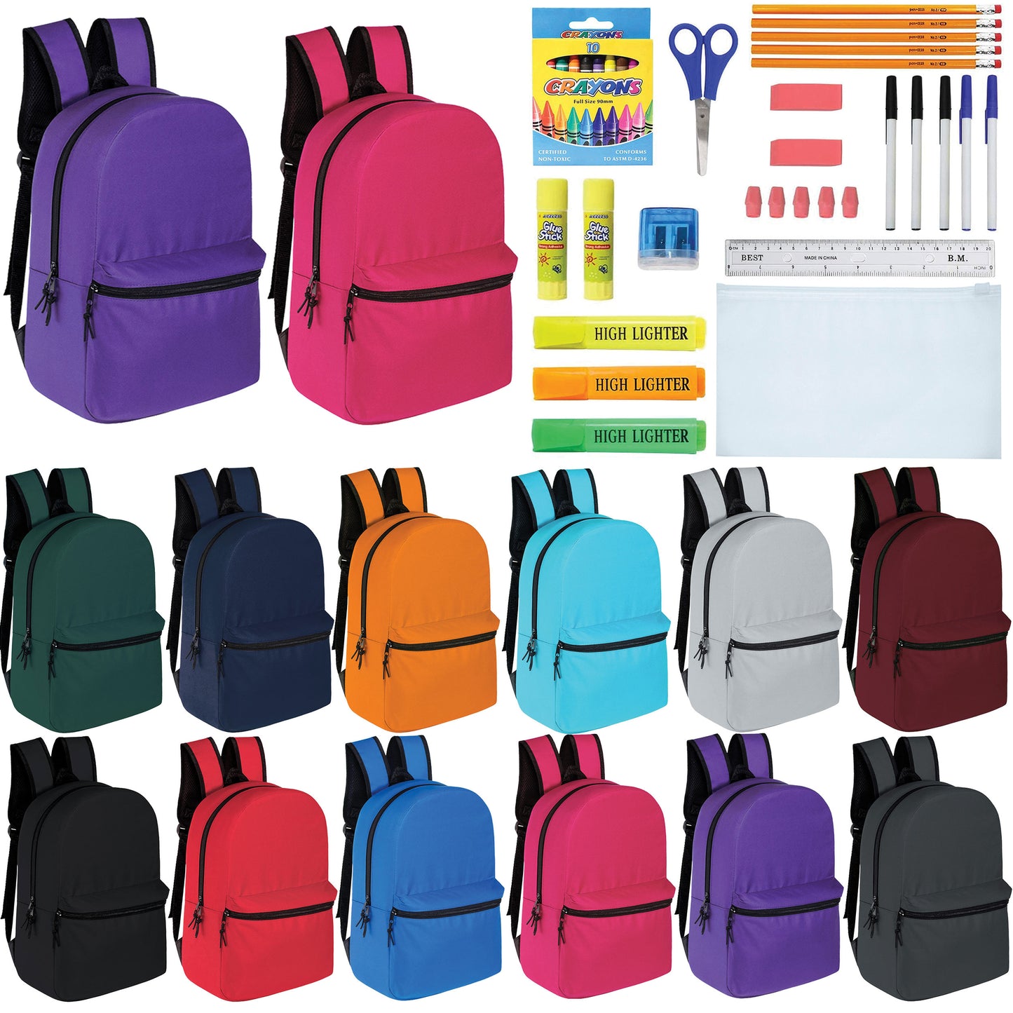 15" Wholesale Solid Color Backpacks in 12 Colors for Kids & 12 Bulk School Supply Kits | Choose Your Kit