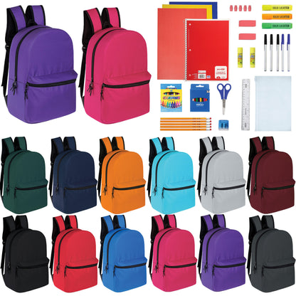 15" Wholesale Solid Color Backpacks in 12 Colors for Kids & 12 Bulk School Supply Kits | Choose Your Kit