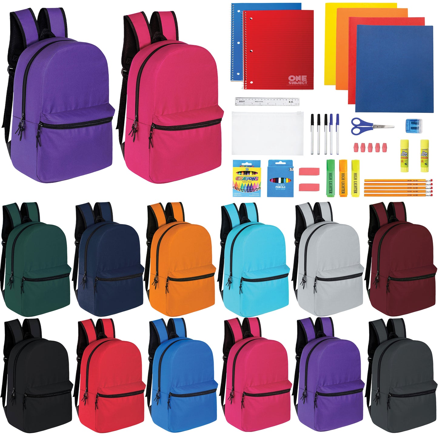 15" Wholesale Solid Color Backpacks in 12 Colors for Kids & 12 Bulk School Supply Kits | Choose Your Kit