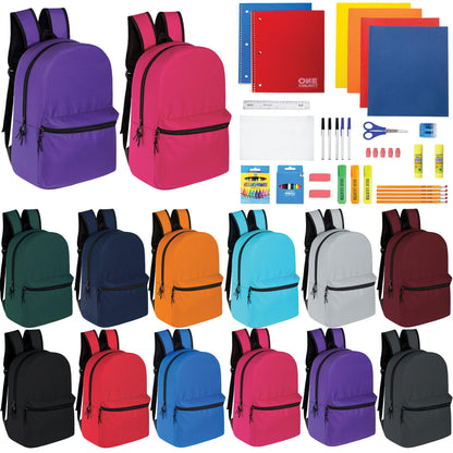 15" Wholesale Solid Color Backpacks in 12 Colors for Kids & 12 Bulk School Supply Kits | Choose Your Kit