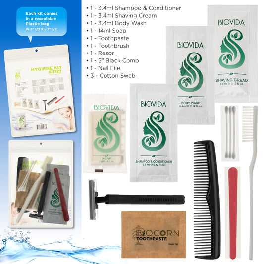 11 Piece Wholesale Hygiene Kits in Bulk - Biovida Brand - Case of 96 ($1.75 / KIT - ITEM: DWHK-118-96)