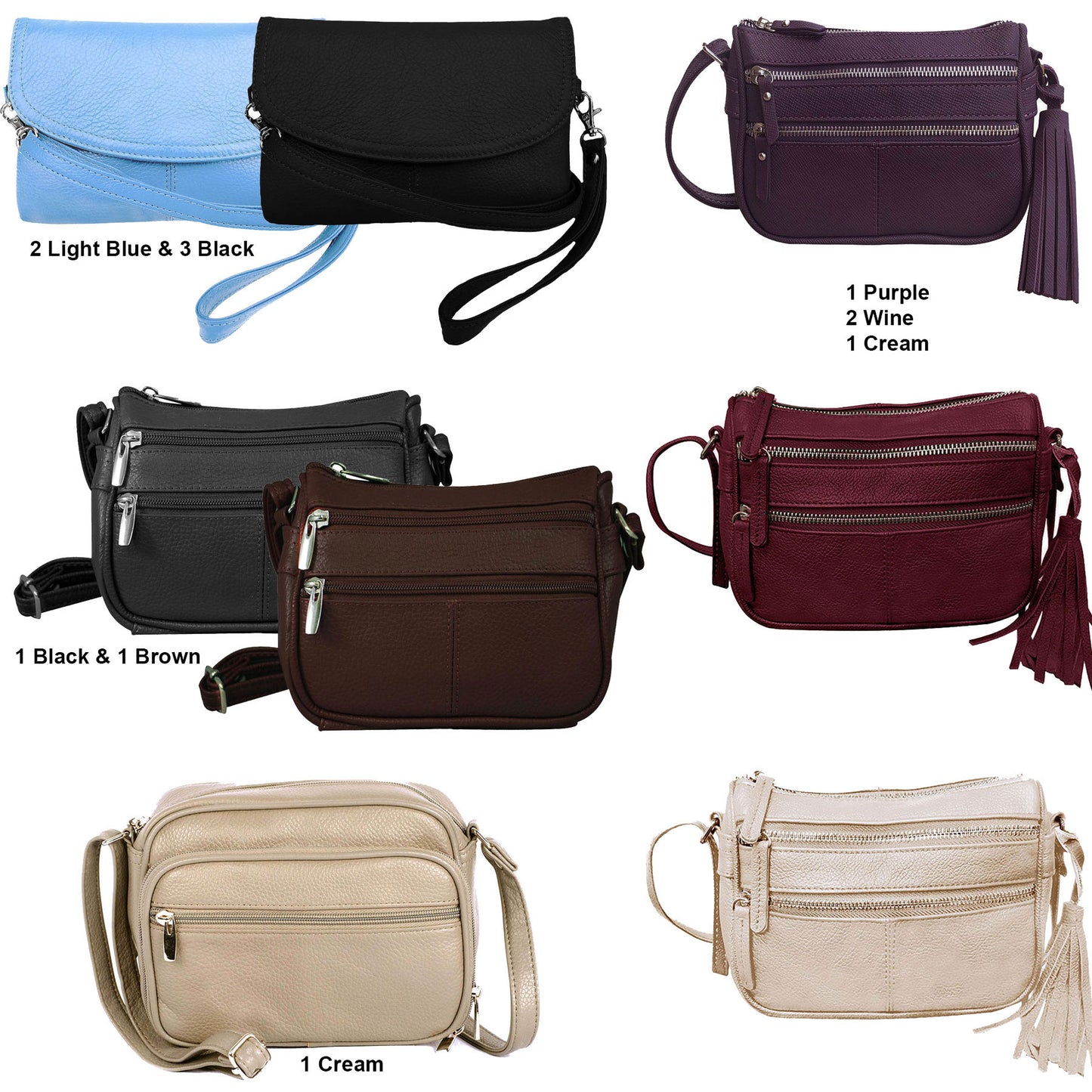 ITEM NUMBER: RBMIX-ASST-4 (12 ITEMS TOTAL - CLEARANCE $3.00 / BAG) WHOLESALE LEATHER BAG MIX ON CLEARANCE