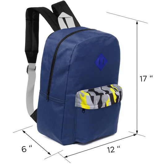17" Padded Wholesale Backpacks in 5 Random Colors / Prints - Bulk Case of 24 ($5.50 / UNIT - ITEM: DWBP-343-24)