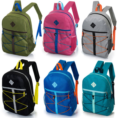 17" Bungee Cord & Daisy Chain Design Wholesale Backpacks in 12 Assorted Colors - Bulk Case of 24 ($6.55 / UNIT - ITEM: DWBP-360-24)