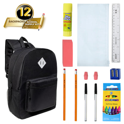 12  Black 17" Padded Back Wholesale Backpacks & 12 Bulk School Supply Kits | Choose Your Kit