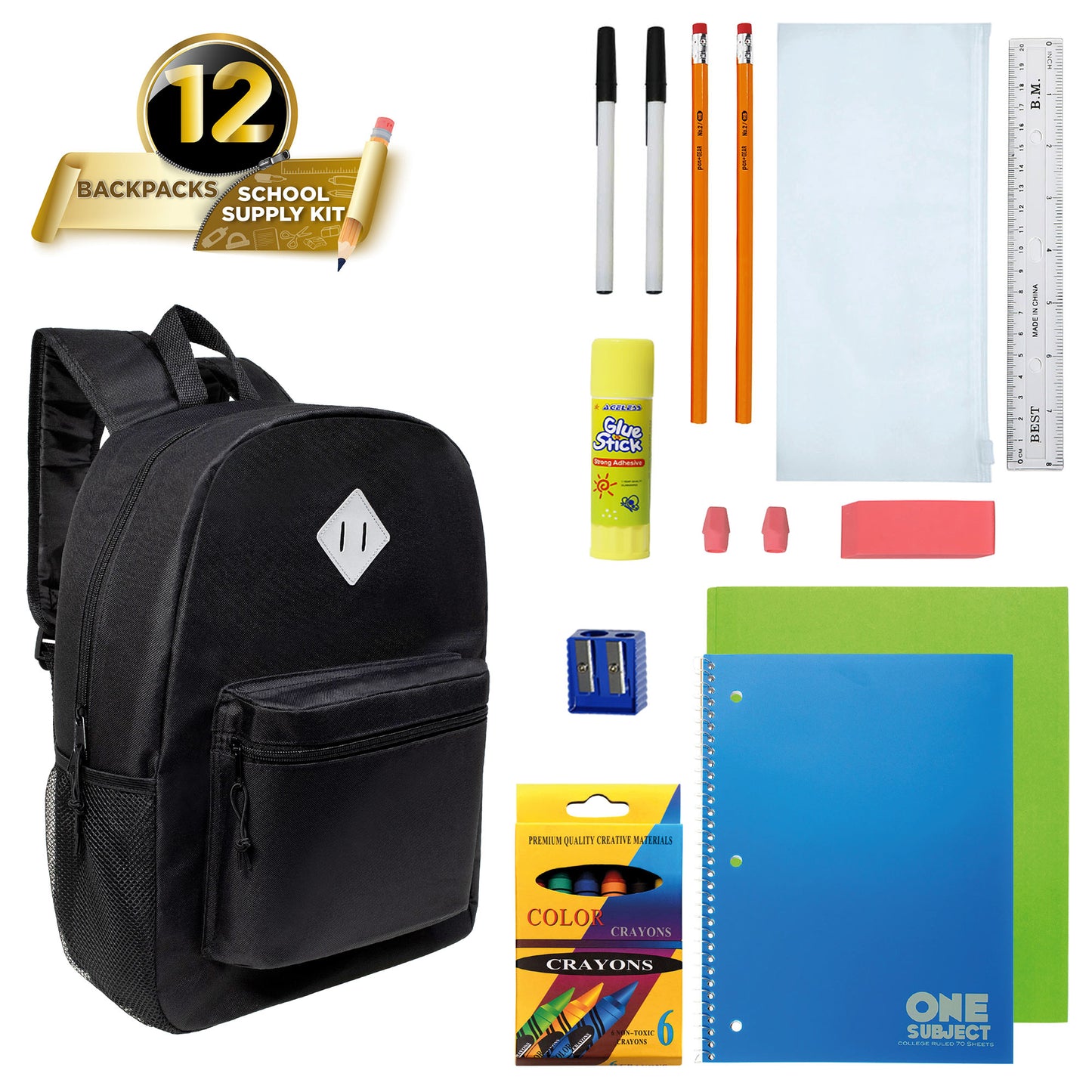 12  Black 17" Padded Back Wholesale Backpacks & 12 Bulk School Supply Kits | Choose Your Kit