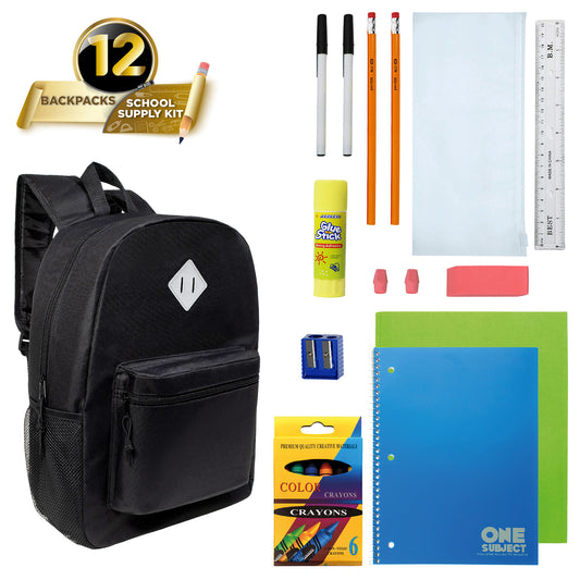 12  Black 17" Padded Back Wholesale Backpacks & 12 Bulk School Supply Kits | Choose Your Kit