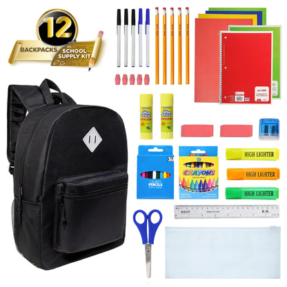12  Black 17" Padded Back Wholesale Backpacks & 12 Bulk School Supply Kits | Choose Your Kit