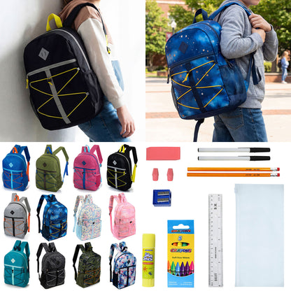 12 Bungee Cord Design 17" Wholesale Backpacks & 12 Bulk School Supply Kits | Choose Your Kit