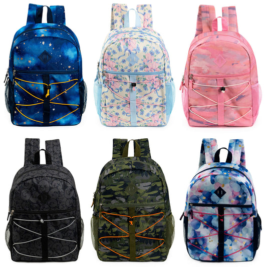 17" Bungee Wholesale Backpacks in 6 Patterns / Colors - Bulk Case of 24 ($6.70 / UNIT - ITEM: DWBP-358-24)