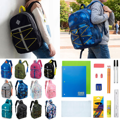 12 Bungee Cord Design 17" Wholesale Backpacks & 12 Bulk School Supply Kits | Choose Your Kit