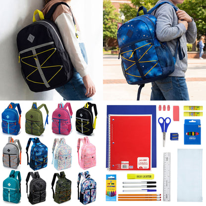 12 Bungee Cord Design 17" Wholesale Backpacks & 12 Bulk School Supply Kits | Choose Your Kit