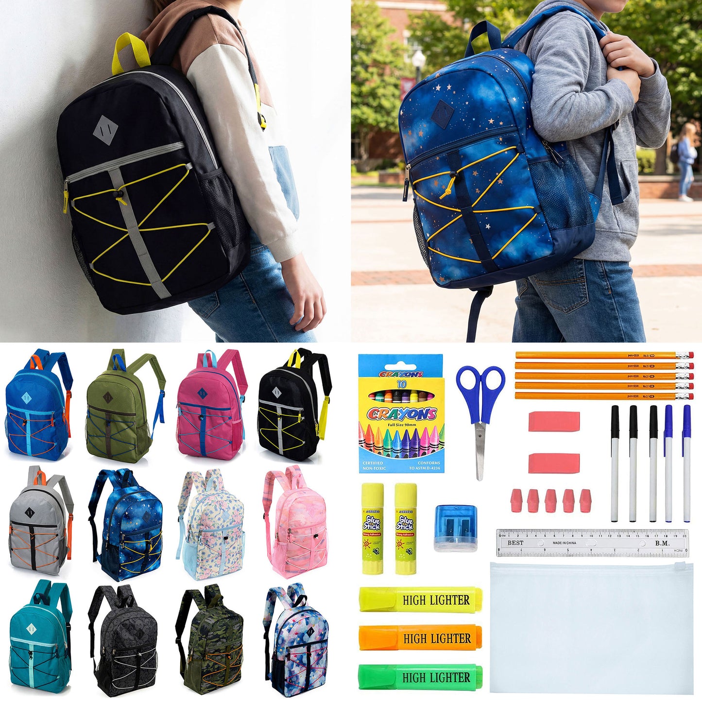 12 Bungee Cord Design 17" Wholesale Backpacks & 12 Bulk School Supply Kits | Choose Your Kit