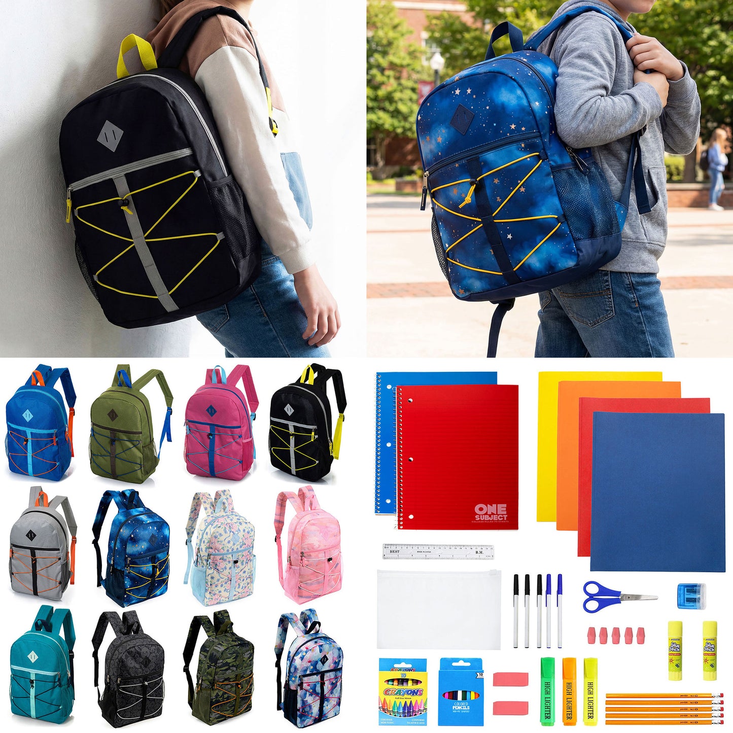12 Bungee Cord Design 17" Wholesale Backpacks & 12 Bulk School Supply Kits | Choose Your Kit