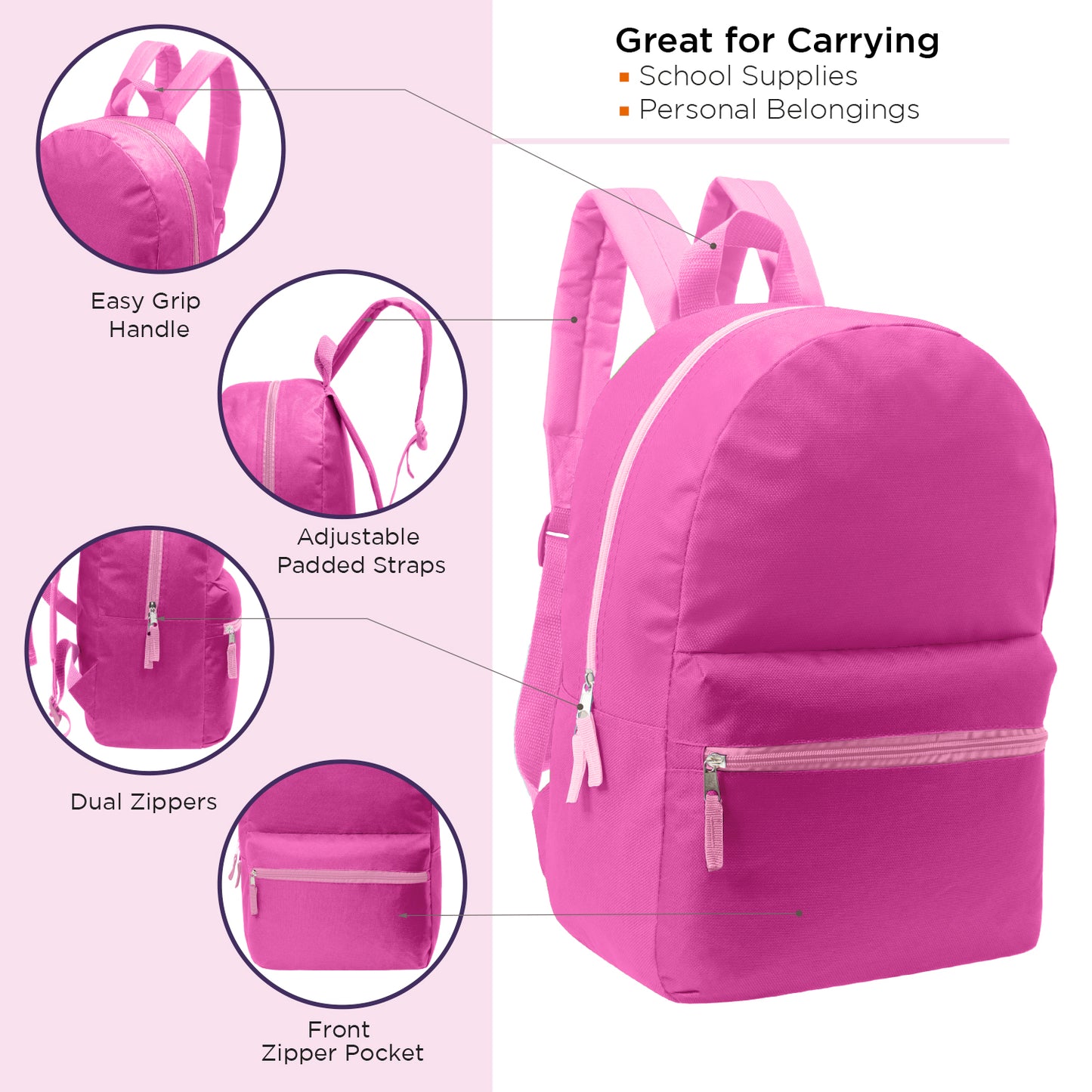 Wholesale 17" Backpacks in Bulk in 12 Assorted Colors - Bulk Case of 24 ($4.50 / UNIT - ITEM: DWBP-285-24)