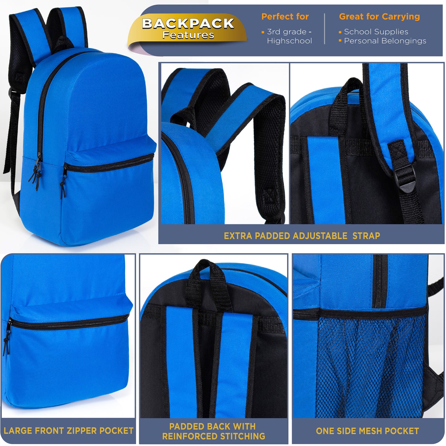 Wholesale 17" Backpacks with a Side Pocket in 12 Solid Colors - Bulk Case of 24 ($4.20 / UNIT - ITEM: DWBP-355-24)