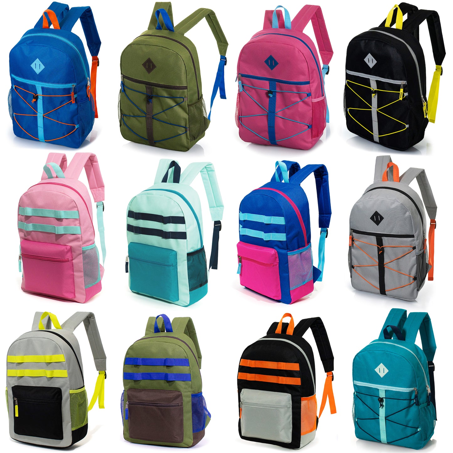 12 Daisy Chain & Bungee 17" Wholesale Backpacks & 12 Bulk School Supply Kits | Choose Your Kit