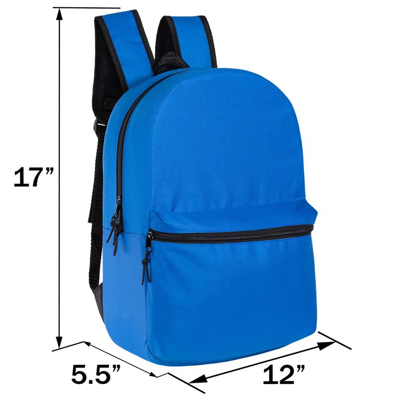 Wholesale 17" Backpacks with a Side Pocket in 12 Solid Colors - Bulk Case of 24 ($4.20 / UNIT - ITEM: DWBP-355-24)