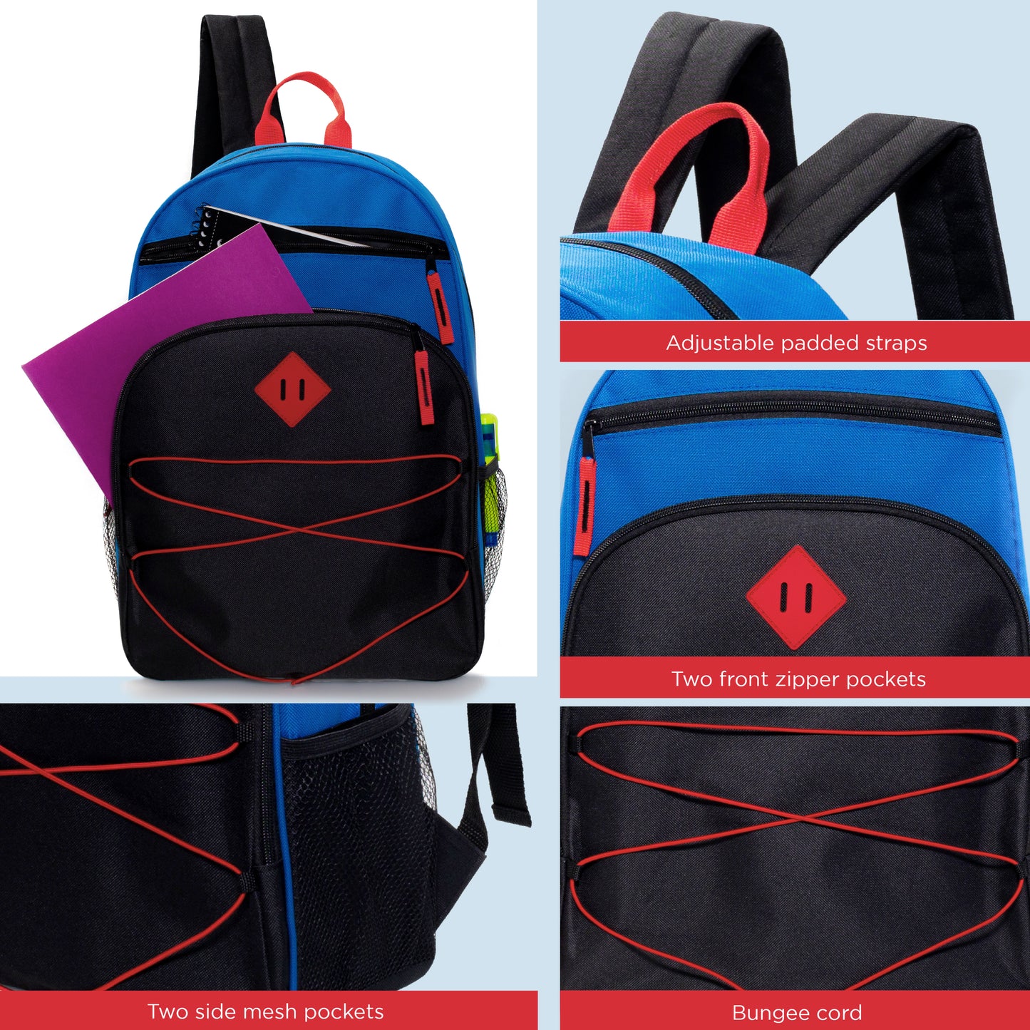 17" Bungee Design Wholesale Backpacks in 6 Color Combos - Bulk Case of 24 ($5.65 / UNIT - ITEM: DWBP-364-24)